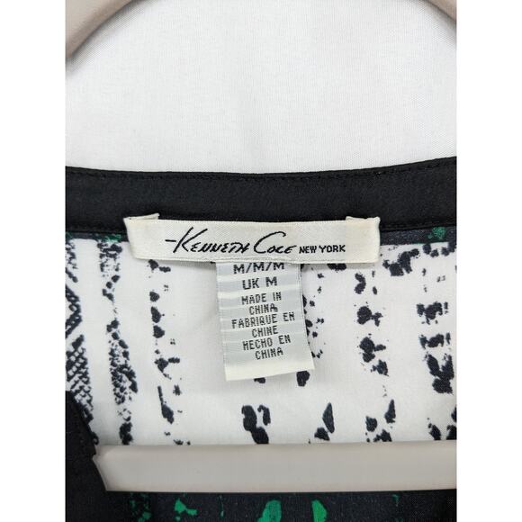 Kenneth Cole Satin Blouse M‎ Yellow Green Abstract V Neck Sleeveless Hi Low Hem - Picture 3 of 9